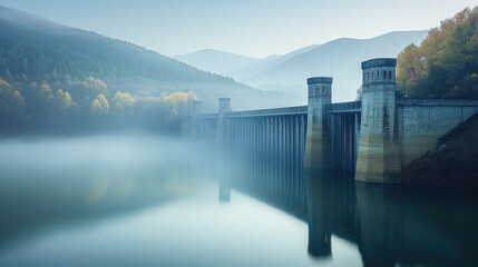 A bridge spans a river with a foggy sky in the background. The bridge is old and has a stone structure. The water is calm and the sky is cloudy