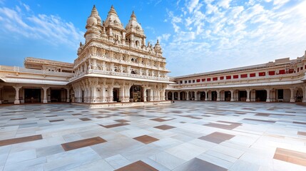 Fototapeta premium Indian Temple Courtyard Marble Floor White Architecture Blue Sky Religion Culture Travel