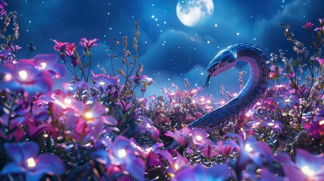 Create a visually striking composition featuring a winding robotic snake slithering through a field of luminescent flowers