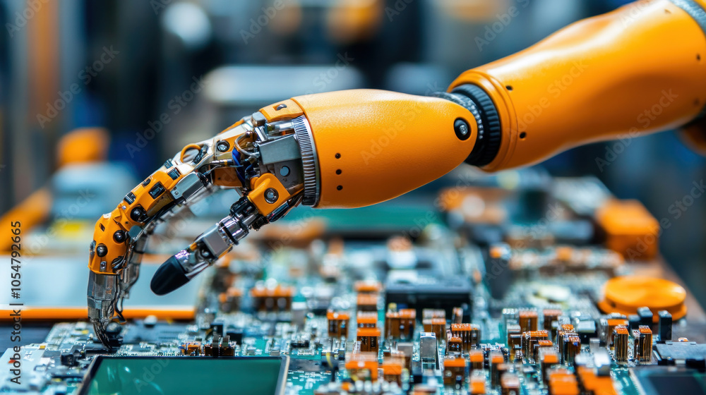 Poster a robot arm is touching a computer board. the robot is orange and has a mechanical look. the compute