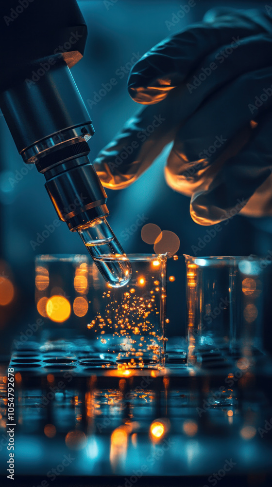 Poster a scientist is working with a microscope, and the image conveys a sense of curiosity and exploration