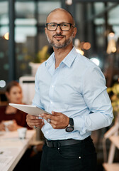 Mature, businessman and portrait with tablet in meeting for market research, financial review or feedback report in office. Professional, employee or digital technology in boardroom for communication