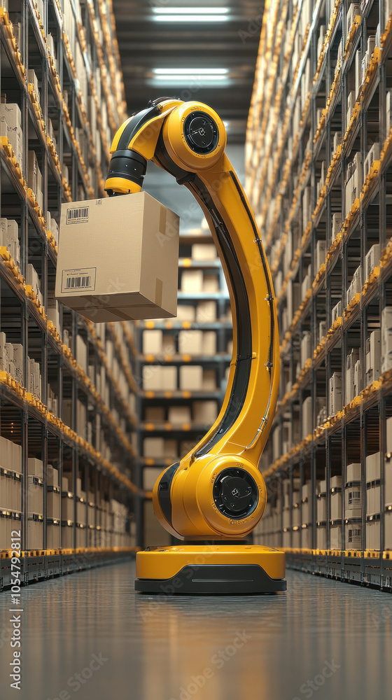 Poster a yellow robot is standing in a large warehouse, holding a box in its arm. the robot is designed to 
