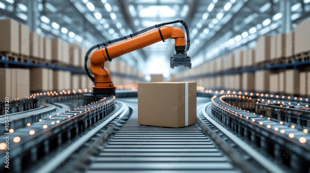 Poster a robot is picking up a box in a factory. the robot is orange and has a long arm. the box is brown a