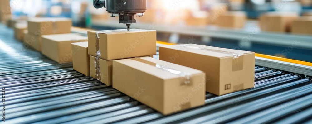 Poster a conveyor belt with boxes on it and a machine that is cutting the boxes. the boxes are brown and ar