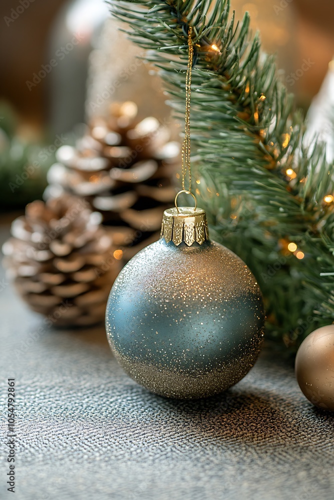 Aufkleber elegant christmas ornament hanging on pine tree branch with pine cones and soft lighting : generativ