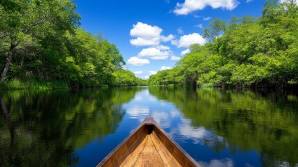 Fototapeta premium Canoe on Calm River Surrounded by Lush Green Trees and Blue Sky