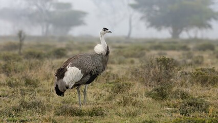 Naklejka premium A grey and white rhea bird standing in a grassy field