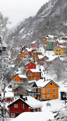 Fototapeta premium A snowy mountain with houses in the distance. The houses are brightly colored and appear to be small cottages. The snow-covered landscape creates a peaceful and serene atmosphere