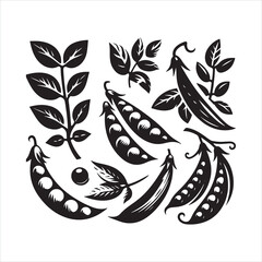 Set of silhouettes, stamps of green pea pods silhouette on white background
