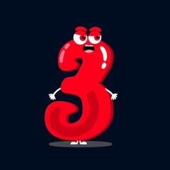 Cute funny number 3 vector illustration, funny cartoon number  three font