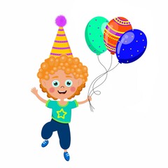 Cute happy kid with balloons and birthday  cap , party hat on a white background