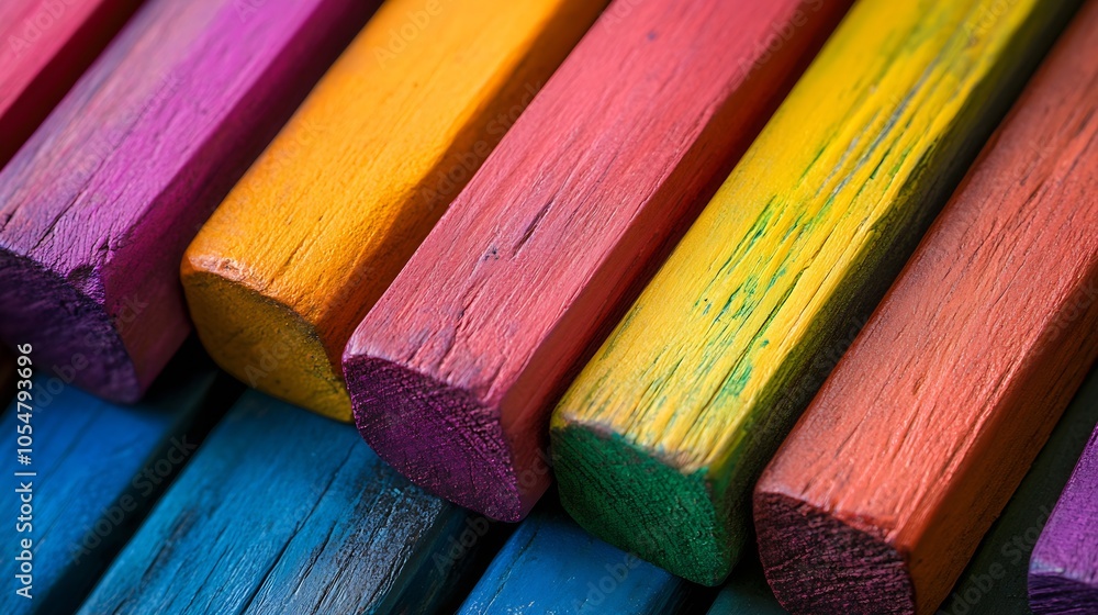 Poster Closeup of Multicolored Wooden Planks Creating Vibrant Rustic Texture : Generative AI