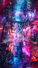 Obraz premium Enter a cyberpunk realm where holographic graffiti meets abstract expressionism, captured through a distorted fisheye lens, blending neon hues with gritty textures