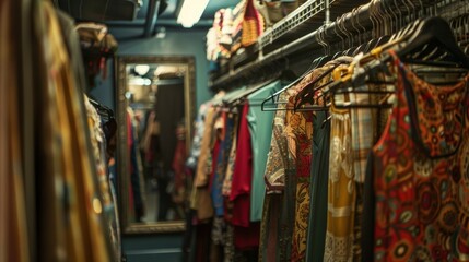 Naklejka premium A long fulllength mirror stands in the corner of the dressing room allowing actors to check their costumes before going on stage.