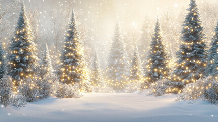 Naklejka premium A snowy forest with Christmas trees lit up with lights. Scene is festive and joyful