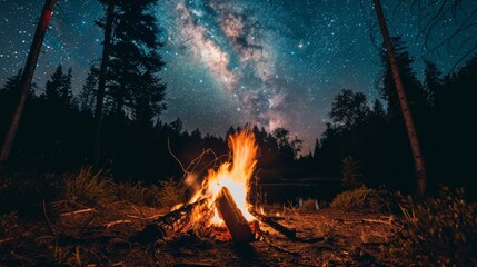 A campfire crackling under a starry night sky in the wilderness