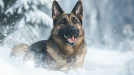 A majestic german shepherd dog in snowy winter wonderland, canine grace and nature's beauty captured