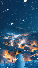 Obraz premium A snow-covered town with a snowman standing in the snow. The snow is falling and the town is lit up at night