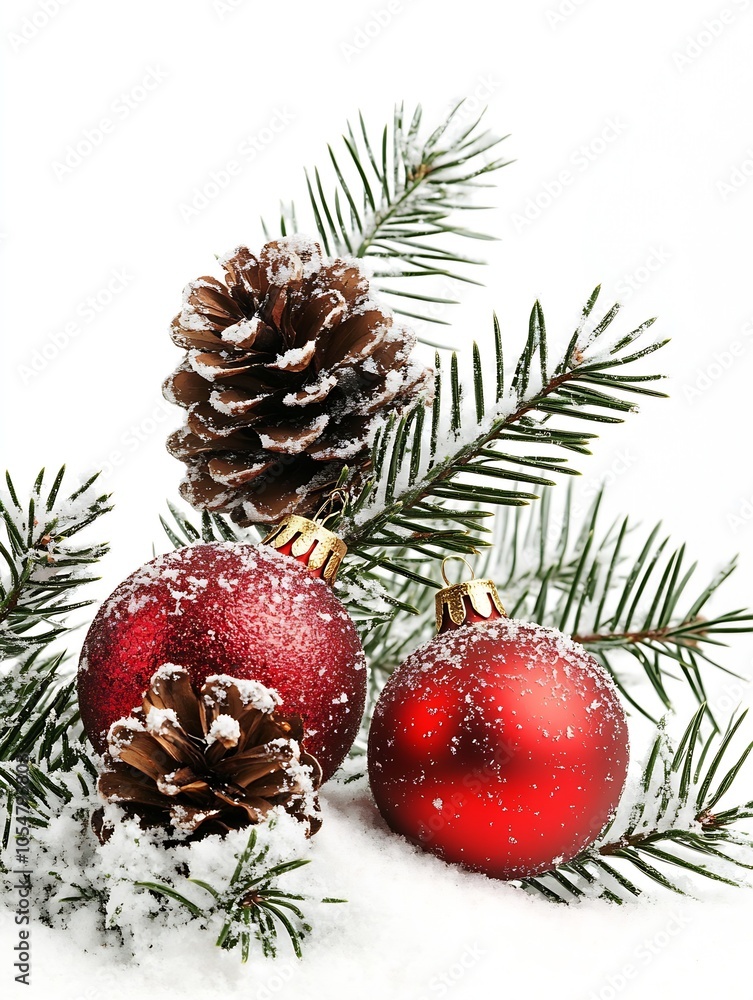 Poster red christmas baubles and pinecone on snowcovered evergreen branch : generative ai