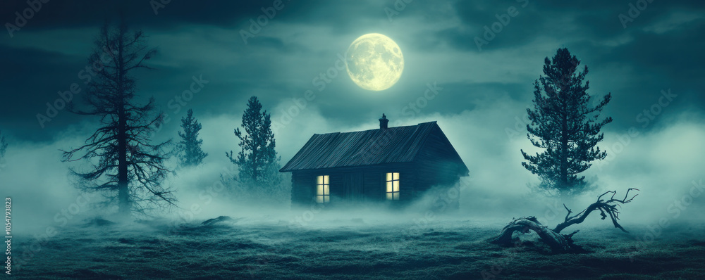 Poster a house is in the middle of a foggy field with a large moon in the sky. the scene is eerie and myste