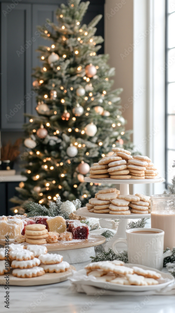 Poster a christmas tree is lit up with lights and ornaments. a table is set with a variety of cookies and a