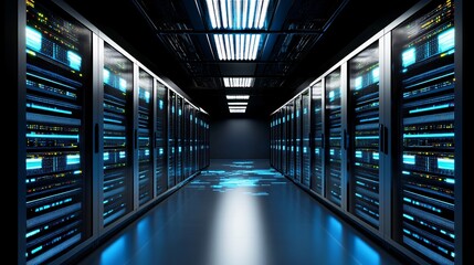 Fototapeta premium A futuristic server room featuring rows of server racks illuminated by blue lights, emphasizing a high-tech data center environment.