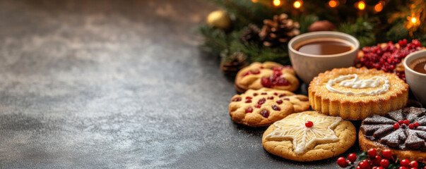 Fototapeta premium A table with a variety of cookies and a cup of coffee. The cookies are decorated with frosting and sprinkles, and the cup of coffee is placed in the middle of the table. The scene conveys a cozy