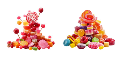 Colorful Assorted Candy Pile with Lollipops, Gummies, and Jelly Sweets for a Fun Treat PNG Icon on transparent background