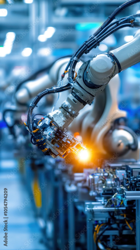 Poster a robot is working on a machine in a factory. the robot is surrounded by other robots and machines. 