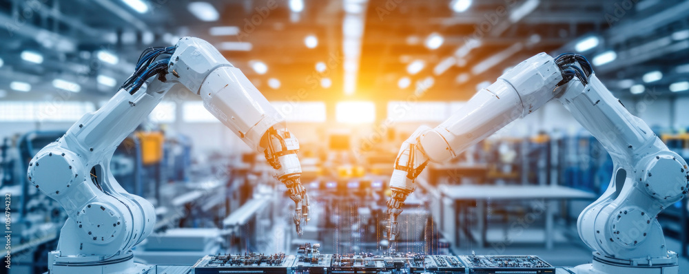 Poster two robots are working together in a factory. the robots are white and are positioned next to each o