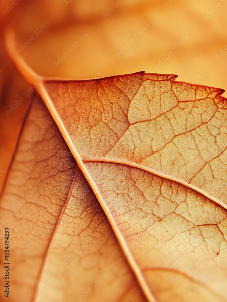 Poster closeup view of autumn leaf with intricate veins in warm sunlight : generative ai