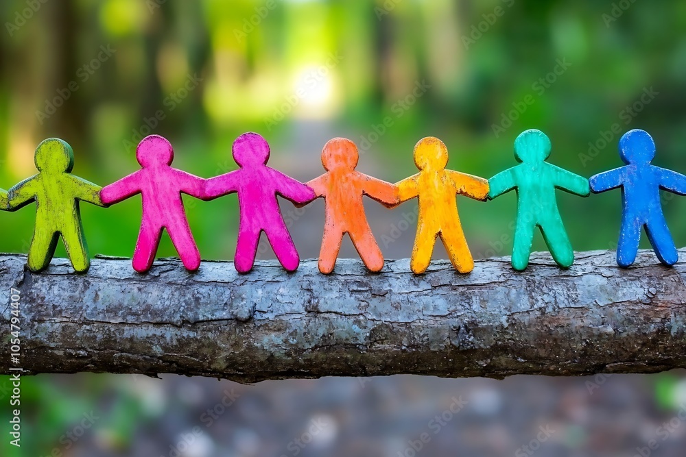 Poster diverse wooden figures holding hands on a log symbolizing unity and connection in nature : generativ