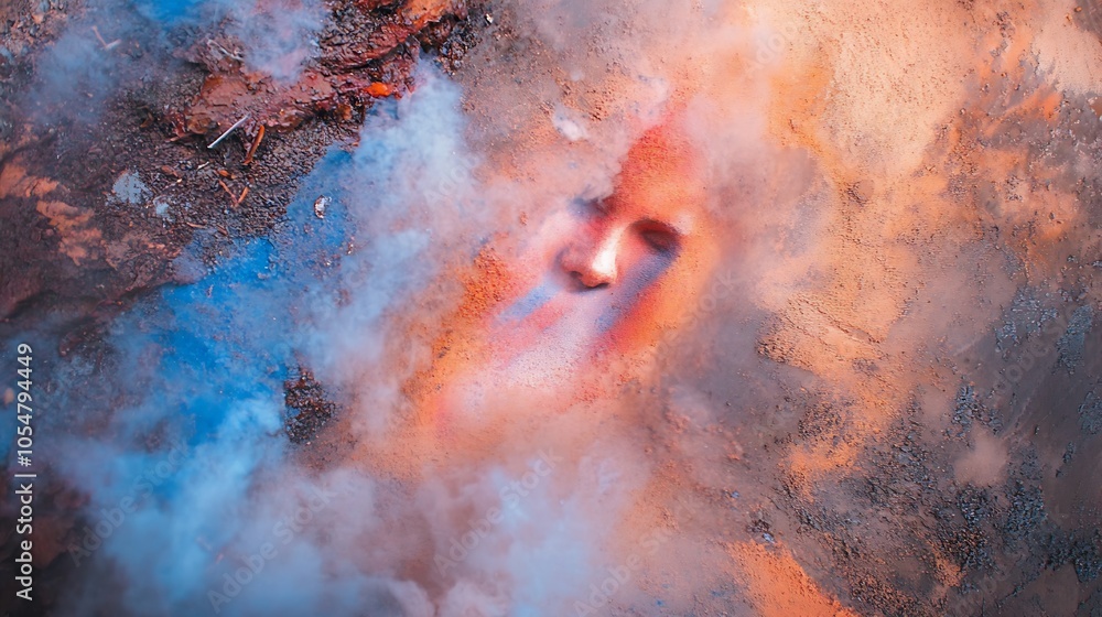 Poster mysterious and abstract face emerging through colorful smoke and powder in dramatic light : generati