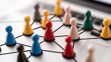 A colorful arrangement of game pieces on a laptop suggests networking, collaboration, and strategy in a digital environment.