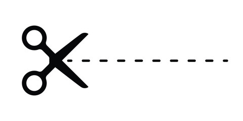 Cut line icon with scissor, cut here guidance, scissor and dash. Coupon mark and symbol for cropping, signifying voucher. Vector illustration.