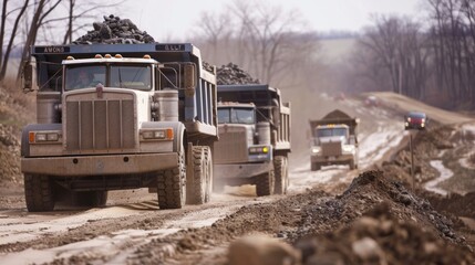 Dump trucks line up along the dirt road carrying loads of gravel and debris.