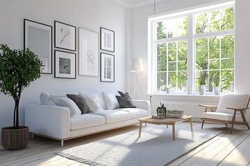 Bright Living Room with White Sofa and Greenery by Large Windows : Generative AI