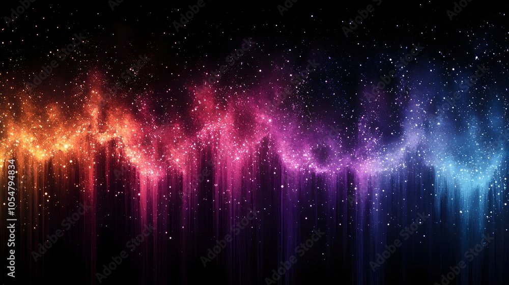 Poster a colorful abstract design featuring a cosmic wave of stars, transitioning from fiery orange to deep