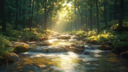 Serene forest scene with sunlight filtering through trees and stream.