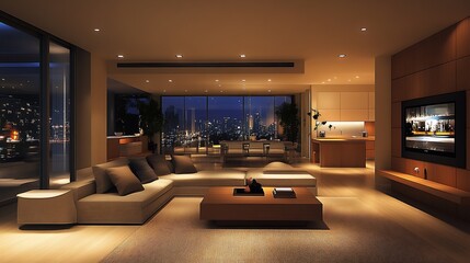 Luxury Living Room with City View at Night and Contemporary Design : Generative AI
