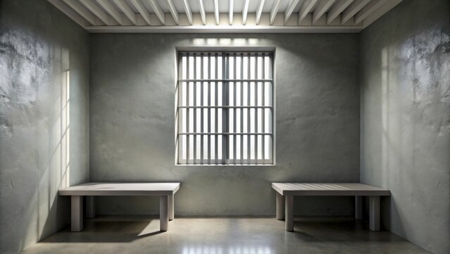 Prison cell interior with a barred window, prison, cell, interior, bars, window, confinement, incarcerated