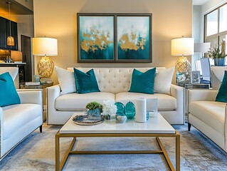 Elegantly Styled Modern Living Room with White Sofa and Teal Accents for a Cozy Atmosphere : Generative AI