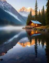 Obraz premium Cabin by the Mountain Lake