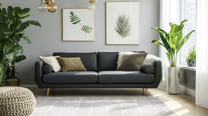 Sleek Modern Living Room With Dark Leather Sofa and Fresh Plants for a Chic and Inviting Environment : Generative AI