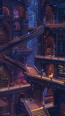 Obraz premium Illustrate a virtual library housing digital books that morph into sonnets when opened Opt for an extreme top-down angle