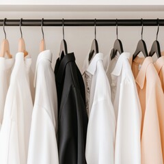 A collection of neatly hung shirts in various colors on a clothing rack.
