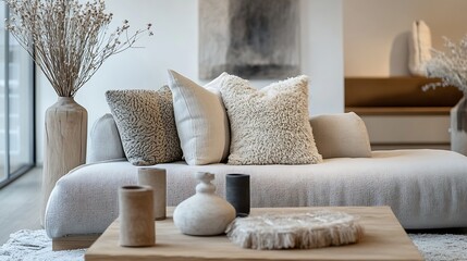 Elegant ScandinavianInspired Living Room with Cozy Textured Decor : Generative AI