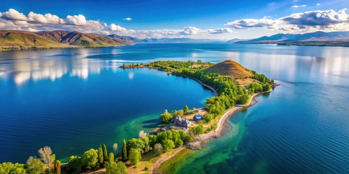 Stunning aerial view of Lake Sevan, Armenia , Lake Sevan, Armenia, blue water, turquoise, mountains