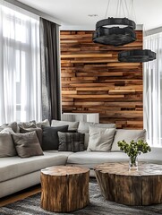 Modern living room with wooden accent wall and contemporary furniture design : Generative AI